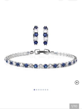 🆕Lab Created Blue Sapphire, Simulated Diamond Tennis Bracelet & Huggie Earrings